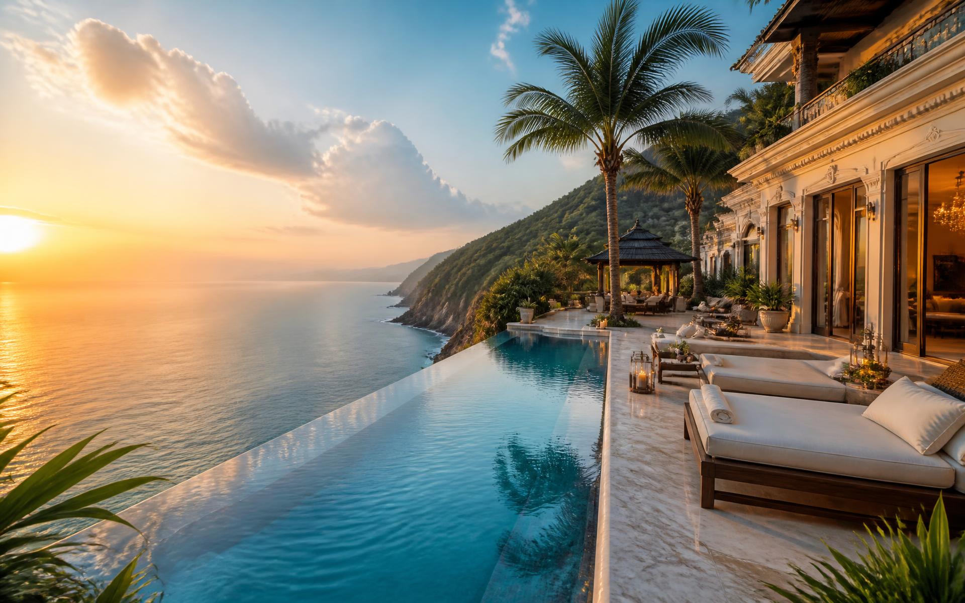 Cliffside villa infinity pool overlooking the sea near Đà Nẵng at golden hour